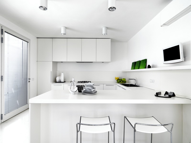 White modern kitchen with a peninsula